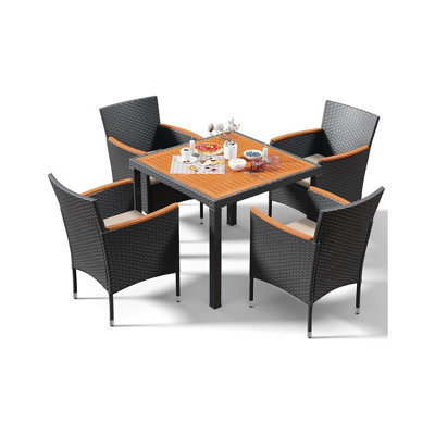 Acacia Wood Top Patio Set – Rattan Outdoor Table And Chairs, Black