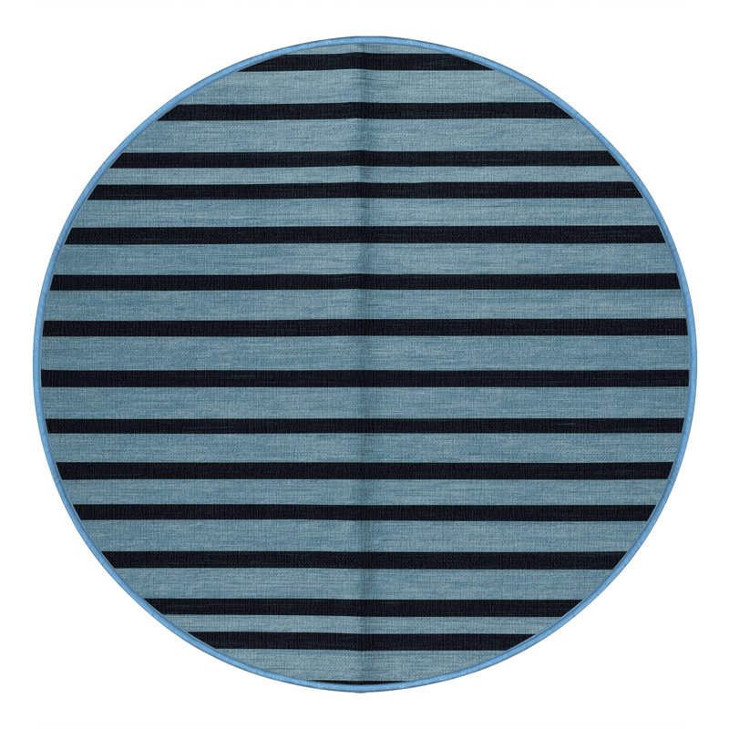 Machine Washable Horizontal Stripes Blue Area Rug, Round 8'