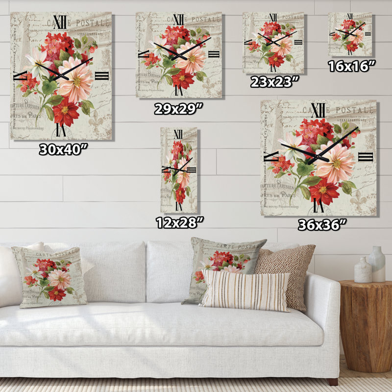 Horloge murale rouge - Fleurs peintes rouges sur une carte postale II, Petit