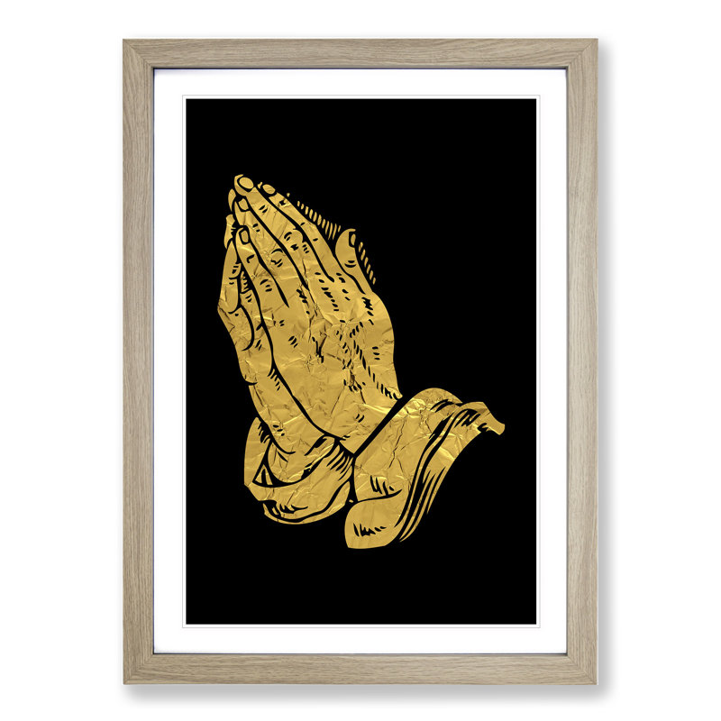 Praying Hands In Gold - Single Picture Frame Print on Wood, Oak Framed, 65cm H x 48cm W x 2cm D