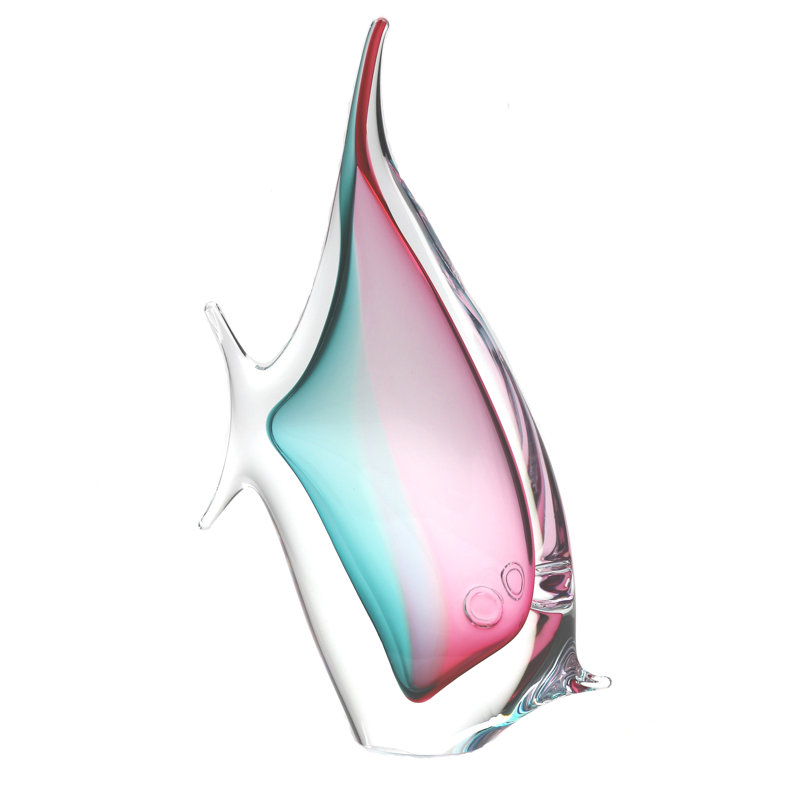 Murano Glass Design Tropical Fish, 10" H x 7" W x 2.5" D, Aqua/Ruby