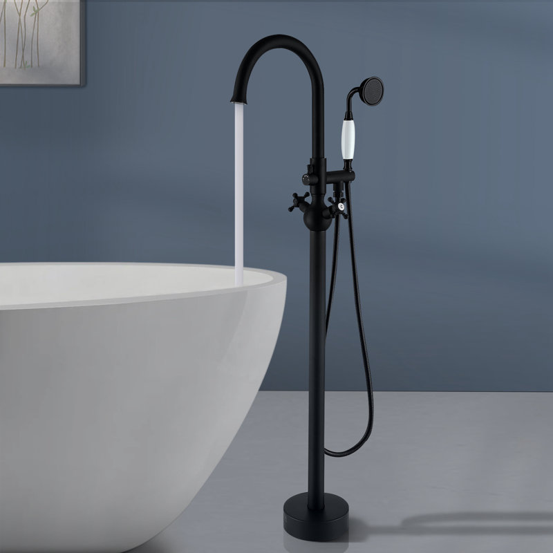 Topcraft Double Handle Floor Mounted Freestanding Bathtub Faucet Tub Filler with Handheld Shower, Matte Black, Matte Black
