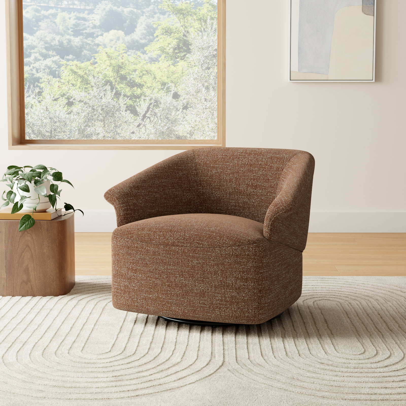 Morgana Swivel Barrel Chair, Magonia Camel Tweed
