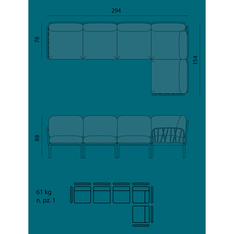 Komodo Outdoor 5 - Seat Patio Sectional, Adriatic/White