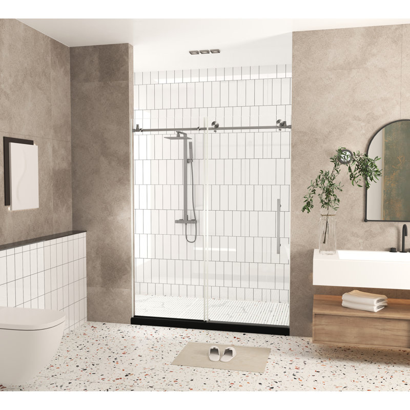 56 - 60" W X 76" H Shower Door 1/4" (6 Mm) Clear Tempered Glass With Proof Film Stainless Steel Handle In Brushed Nickel For Bathroom Large Wheels And Round Tracks Smooth Quiet Movement Water