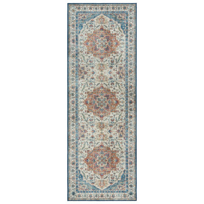 Samira Tiefi Blue Red Multi Machine Washable Traditional Medallion Indoor Area Rug, Flat Pile for Living Room & Bedroom - Blue, 2x6 Runner