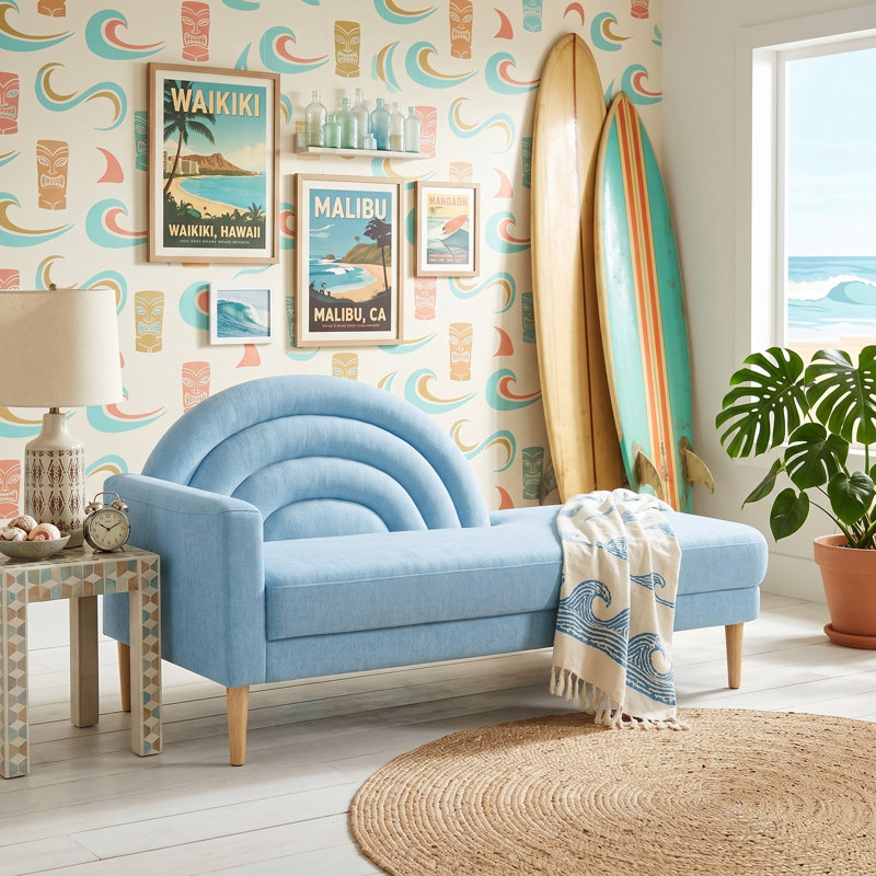 Rainbow-Inspired Linen Upholstered Chaise Lounge with Curved Backrest, Light Blue