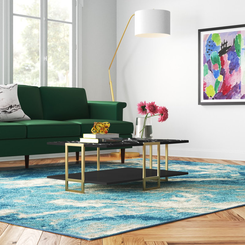 Polka Coffee Table with Storage, Black Marble Pattern Top/Black Base