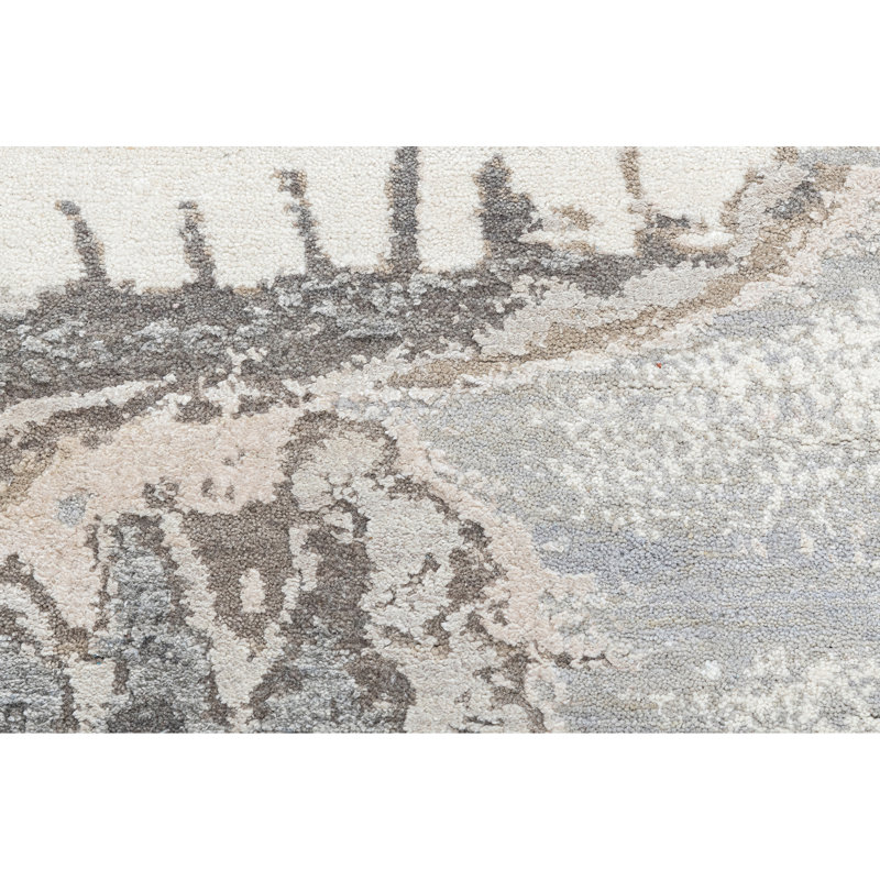 Handmade Silk and Wool Area Rug, Beige/Gray, Round 8'