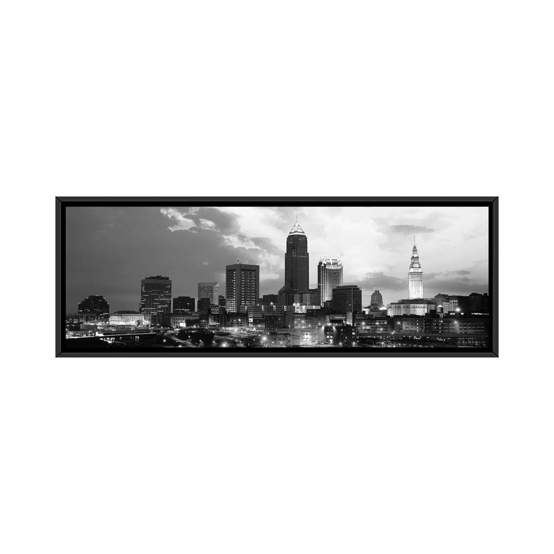 Cleveland Panoramic Skyline Cityscape Photographic Print on Canvas in Black and White Ebern Designs 