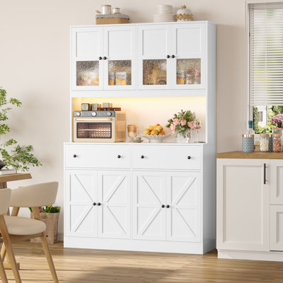 71" Kitchen Pantry with Charging Station, LED Light and Microwave Shelf, Wooden Storage Cabinet by Gracie Oaks