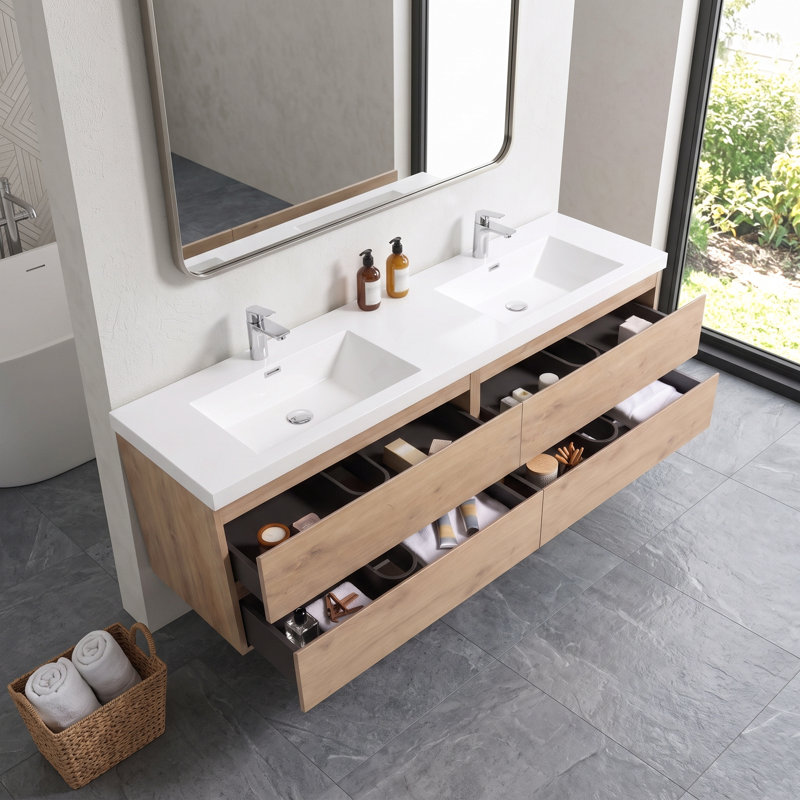 Meuble-lavabo mural en mélamine de bois naturel de 72 po, résistant à l'usure et aux égratignures, surface non poreuse et facile à nettoyer, préassemblé.