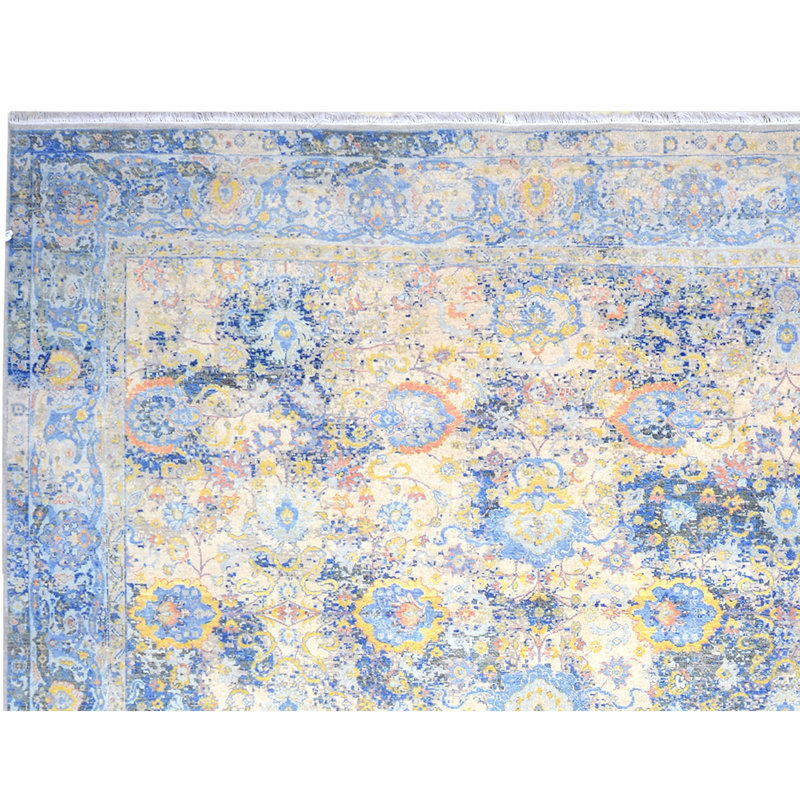 Hand Knotted Abstract Area Rug in Blue/Gold/Gray, Rectangle 5' x 8'