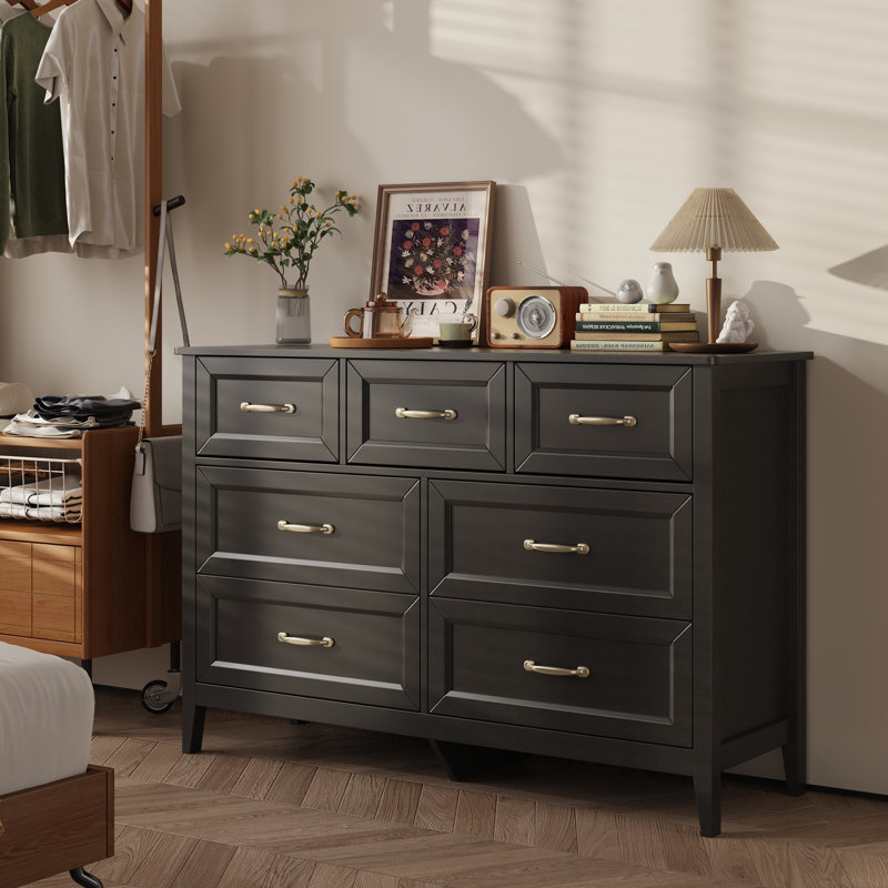 Commode de ferme noire à 7 tiroirs de 120 cm (47,1 po) avec plateau en bois, Noir