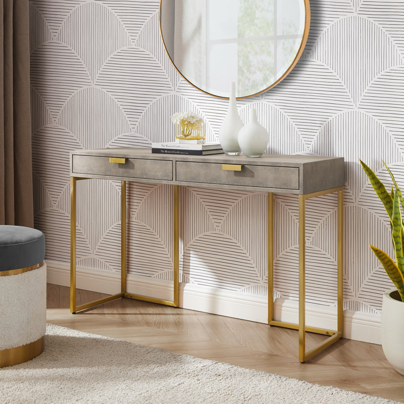 Console en faux chagrin Yadira, Blanc crème / or