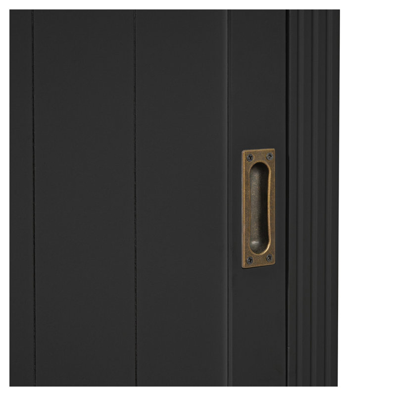 Bibliothèque moderne de 212 cm de haut avec portes coulissantes, tiroir et étagères ouvertes, meuble de rangement en bois massif et MDF pour salon ou bureau, noir