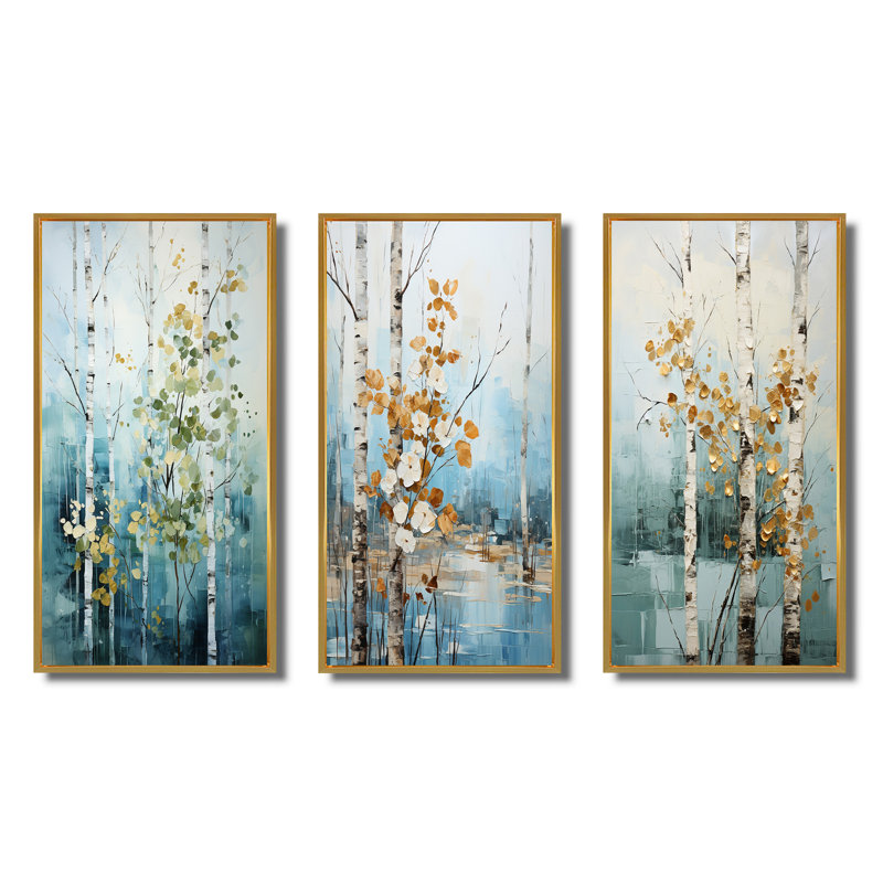«Birch Woods Whispering Winds III», 3 pièces, Encadrement doré, H 20 po x l 36 po