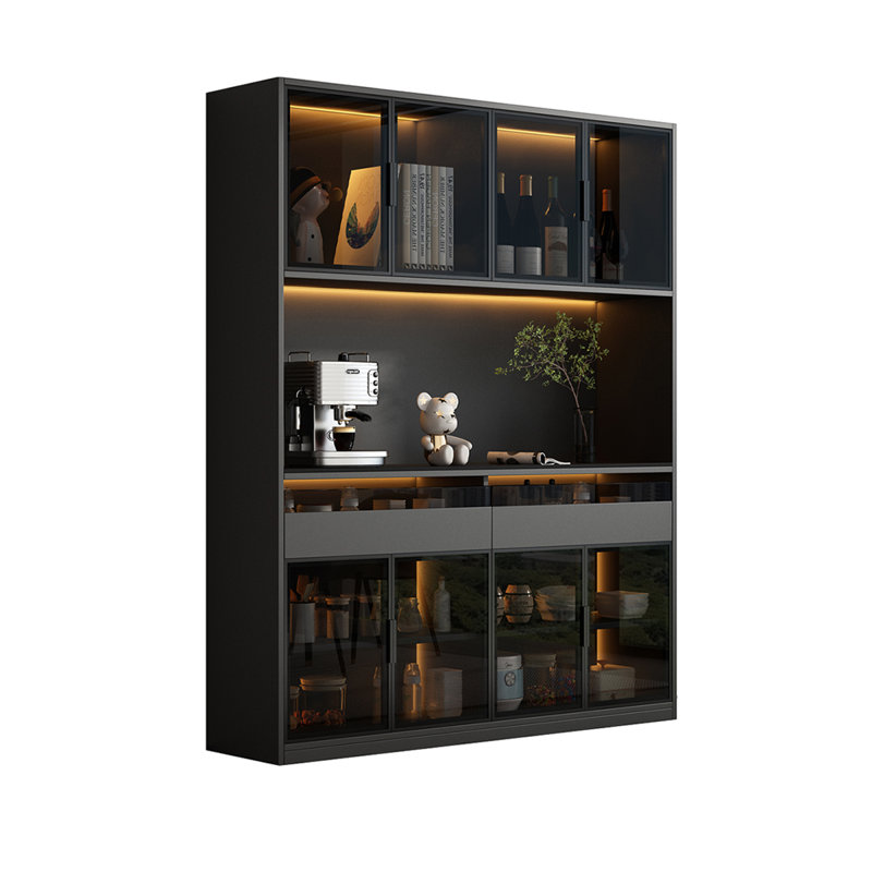 62.99" Light Luxury Black Sintered Stone Tall Cabinet with Glass Doors, Living Room Dining Wine Storage Cabinet with LED Lights
