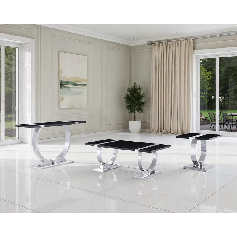 Ensemble de salon de luxe de style contemporain 3 pièces, 1 table basse, 1 table de bout, 1 table de canapé, base en tréteaux, finition noire et argentée