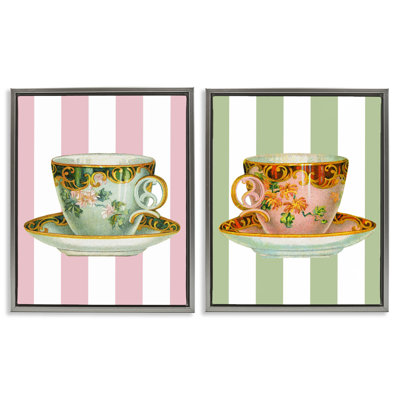 Classic Teacups over Stripes 2 Piece  Floater Canvas Set, design by Lil' Rue