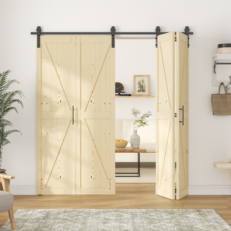 Porte de grange pliante de style K en bois de pin massif 84 po avec quincaillerie, 4, 84 po x 84 po