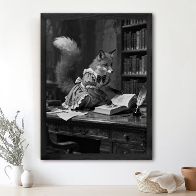 Black Framed Vintage Ms. Fox in the Library Wall Art Retro fantasy Style Framed Prints