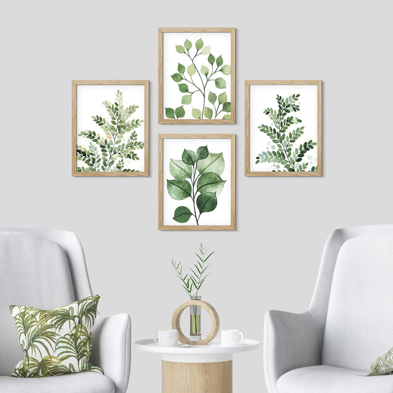 «Green Pastel Forest Fern Leaf», reproduction encadrée de 4 pièces, Encadré naturel, H 14 po x l 11 po x P 1 po