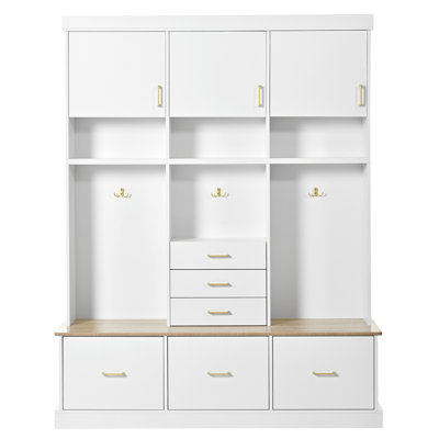 U-Can 75'' H Entryway Hall Tree with Bench and Storage, 5-in-1 Modern Hall Tree with Coat Rack, 6 Drawers, 3 Cabinets and 3-Tier Top Storage for Hallway, Entryway, Living Room, Mudroom