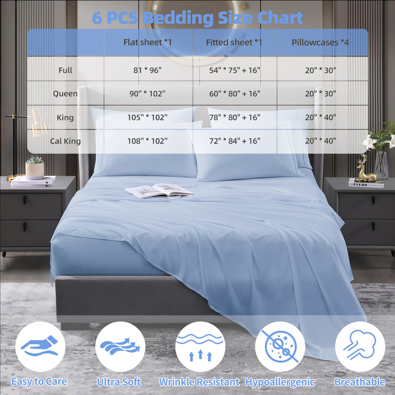 Ensemble de literie pour grand lit en microfibre à séchage rapide Six pièces, Bleu