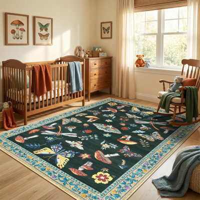 Tapis lavable pour le salon, tapis décoratif à motif floral d'insecte doux antidérapant, tapis d'intérieur pliable résistant aux taches pour la salle à manger, le bureau, la salle de jeux, la chambre de bébé