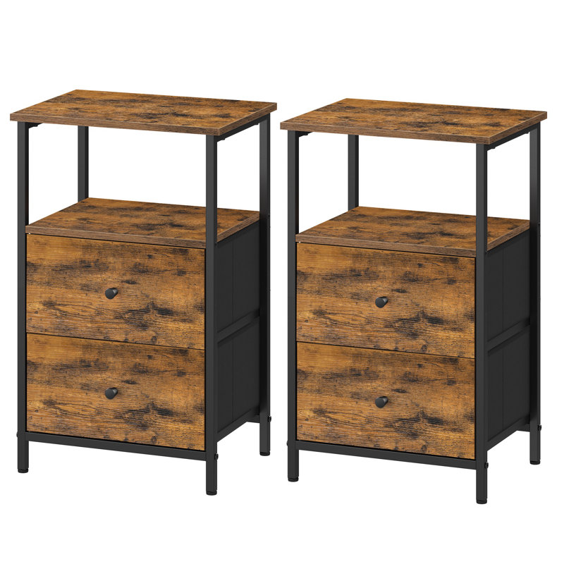 Side Table With 2 Fabric Drawers And Storage Shelf, Black/Brown