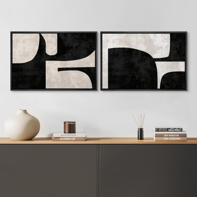 Mid Century Shape " Mid-Century Modern Black Beige And Gray Polygon Variety Abstract Shapes Illustrations " 2 - Pieces