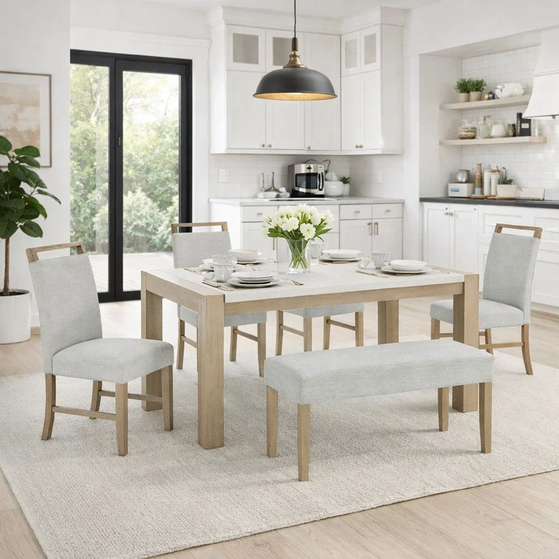 Ensemble de salle à manger 6 pièces Teny, chaises, banc Teny, blanc imitation marbre brun clair