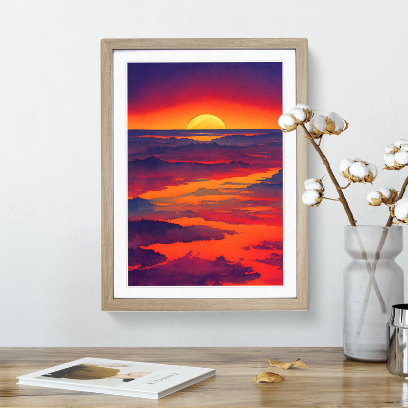 Thrilling Sunset - Single Picture Frame Painting, 46cm H x 34cm W x 2cm D, Oak 