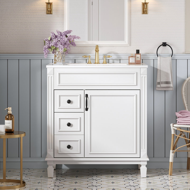 Meuble-lavabo de 76 cm avec lavabo en céramique, deux tiroirs à fermeture silencieuse et tablette réglable pour les petits espaces, lavabo de style français, fermeture en douceur.