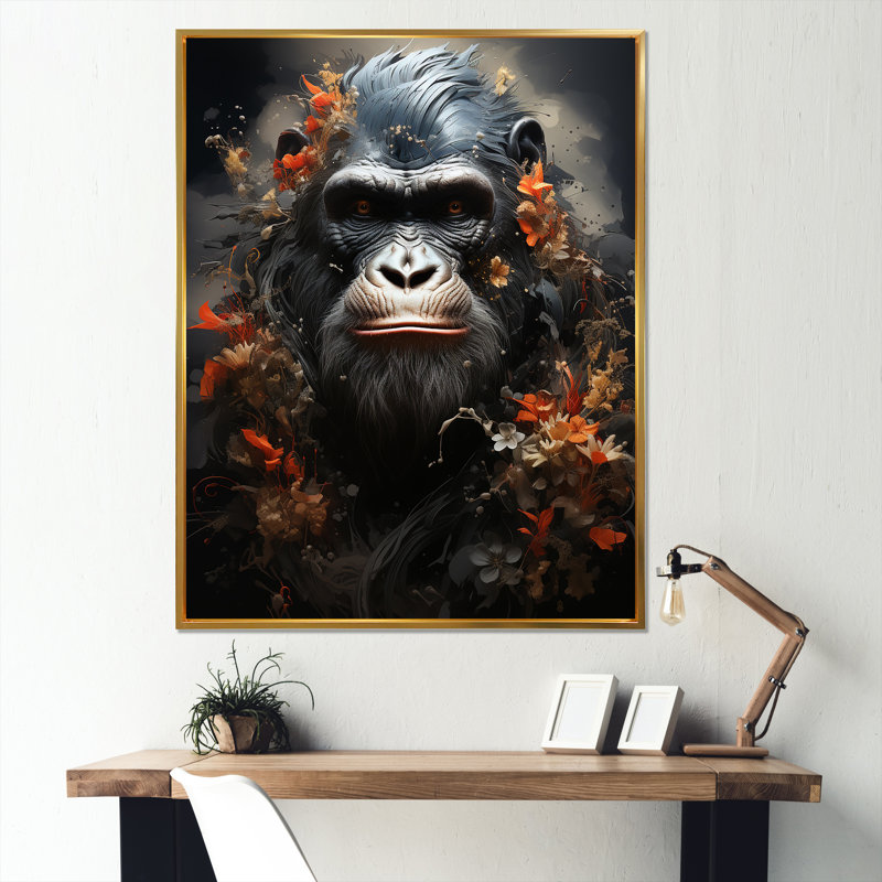 Singe noir énigme sur toile, H 40 po x l 30 po x P 1,5 po, Cadre flottant doré