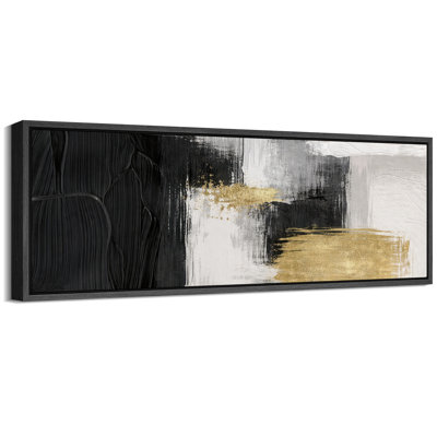 Abstract Black and Gold Composition, Bold Blocks with Neutral White Contrast, Modern Minimalist Design, Framed Canvas Giclee Print Wall Art