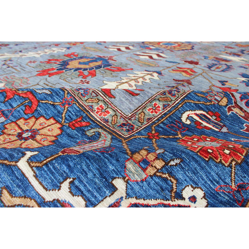 Tapis bleu / gris / rouge en laine noué à la main de conception unique 10 pi x 13 pi 7 po