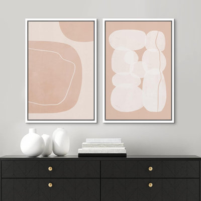 «Coral and White Mid-Century Polygons and Circles», 2 pièces sur toile