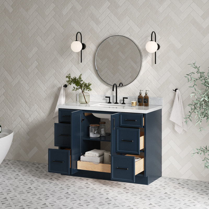ARIEL Kelly Single Sink Bathroom Vanity with Italian Carrara Marble Top, Midnight Blue, 49"