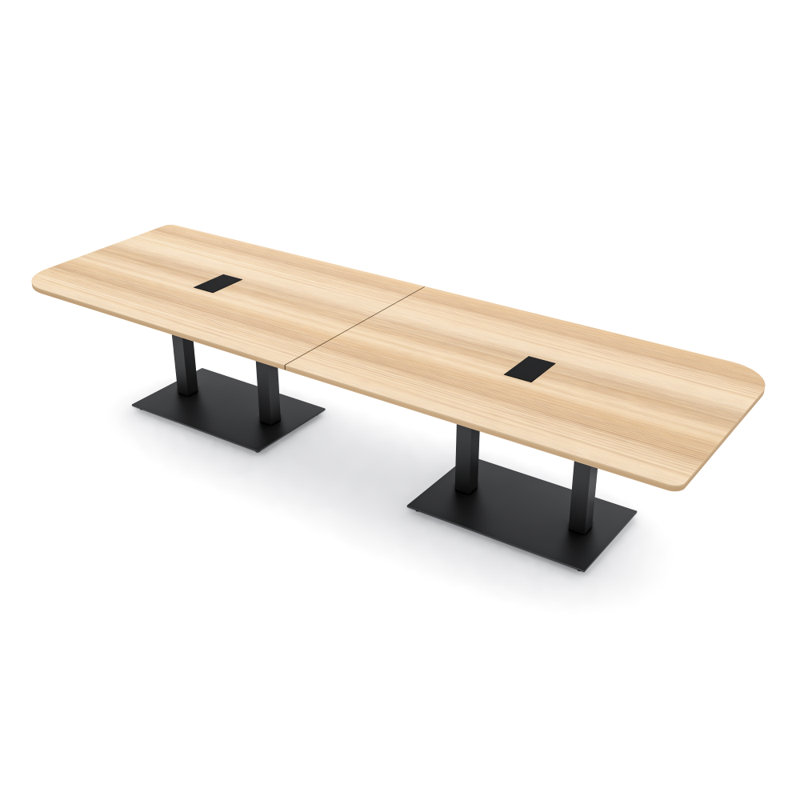 Table de conférence en forme de duo avec base en métal double | Unité électrique, L 120 po x l 48 po, Blond blond cendré