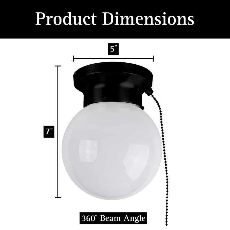 6" Utility LED Glass Flush Mount With Pull Chain - Globe Light Fixture - 500 Lumens 3000K Light Fixture, Matte Black
