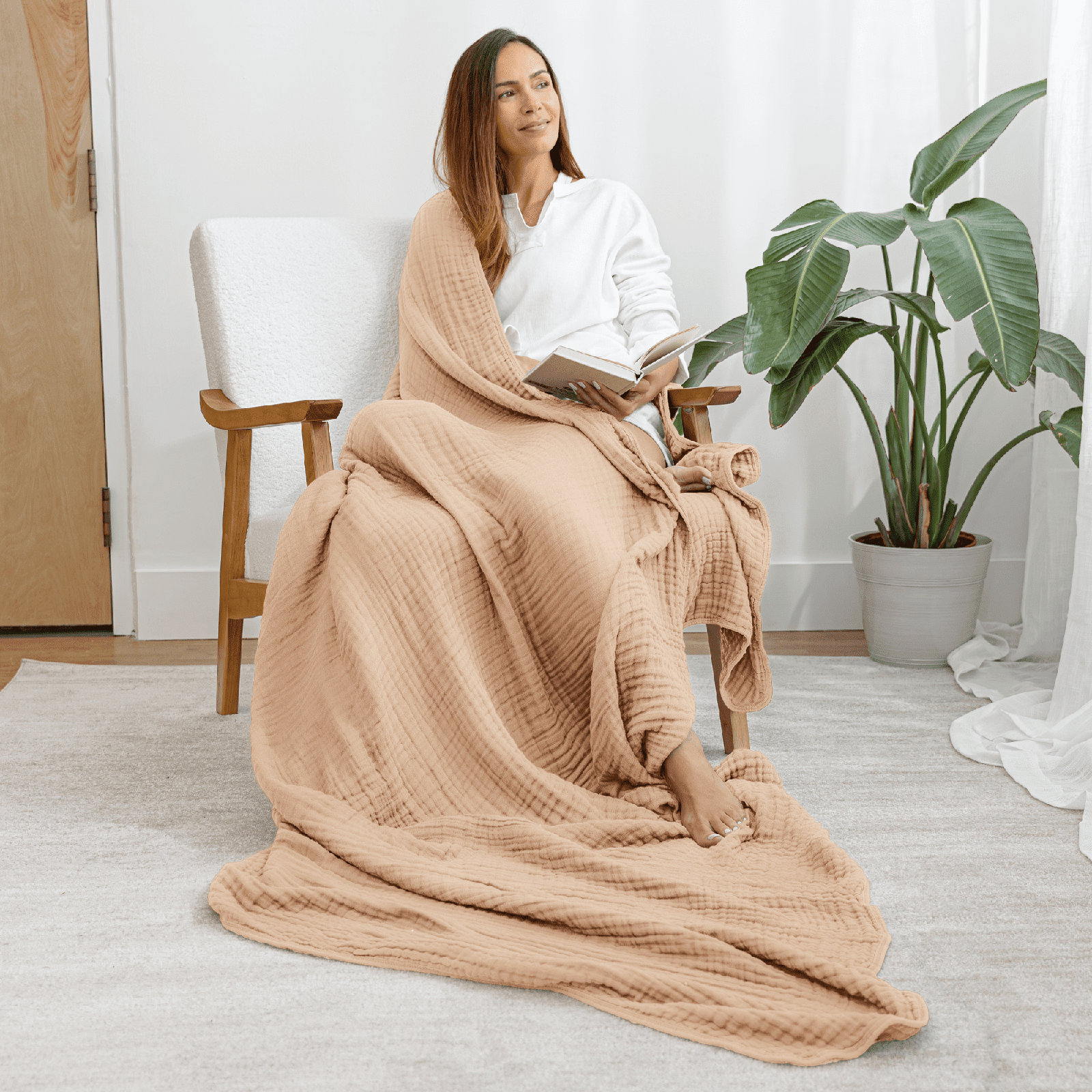 Karlina Muslin Blanket, Throw, Cream