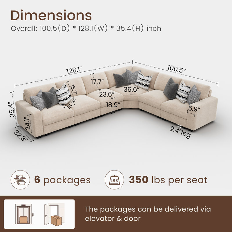 Canapé modulaire moderne en L, Chenille beige, H 35,4 po x l 128,1 po x P 100,5 po