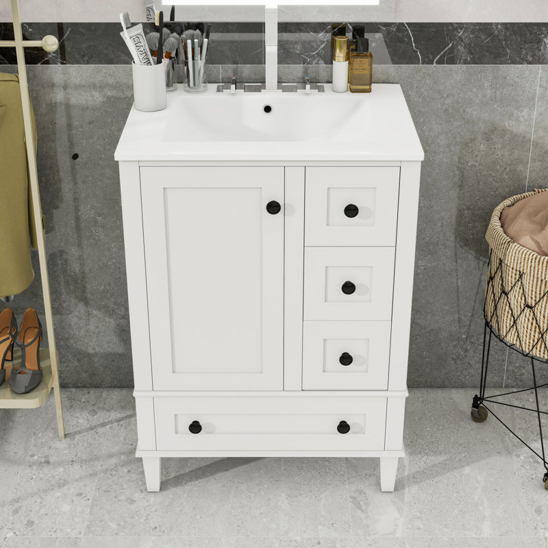 Meuble-lavabo de salle de bain avec lavabo en céramique intégré, 3 tiroirs de rangement et tablette de porte à double couche