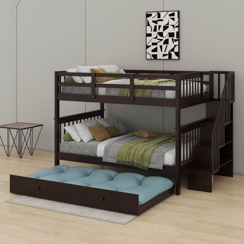 Stairway Full-Over-Full Bunk Bed With Trundle, Storage And Guard Rail, Espresso