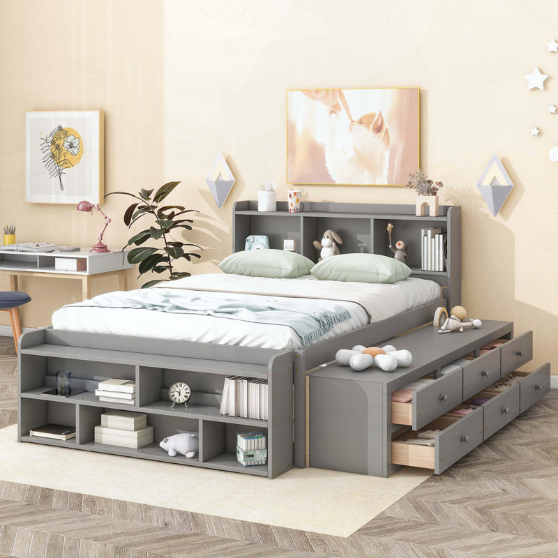 Lit double avec tête de lit bibliothèque, tiroirs de rangement et étui de rangement, Gris