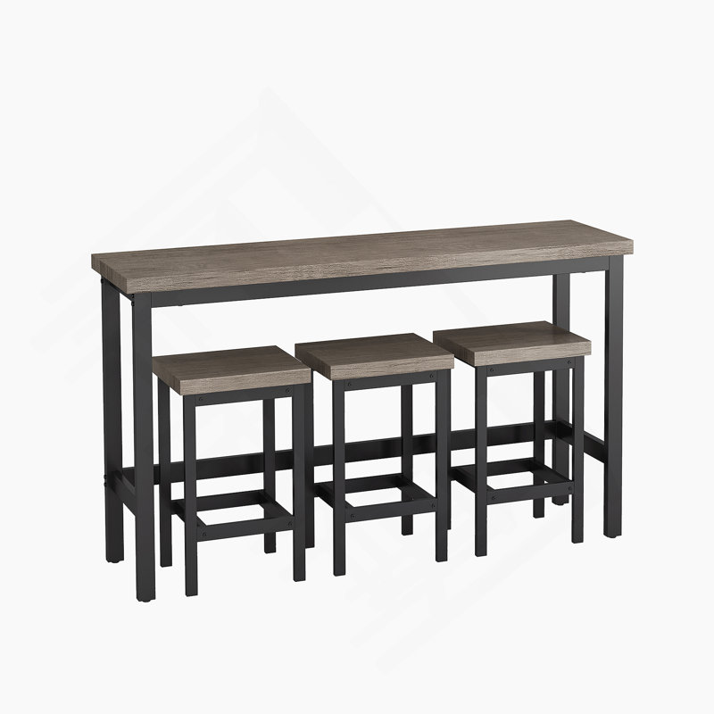 Counter Height Extra Long Dining Table Set With 3 Stools Pub Kitchen Set Side Table With Footrest, Gray/Black, Gray