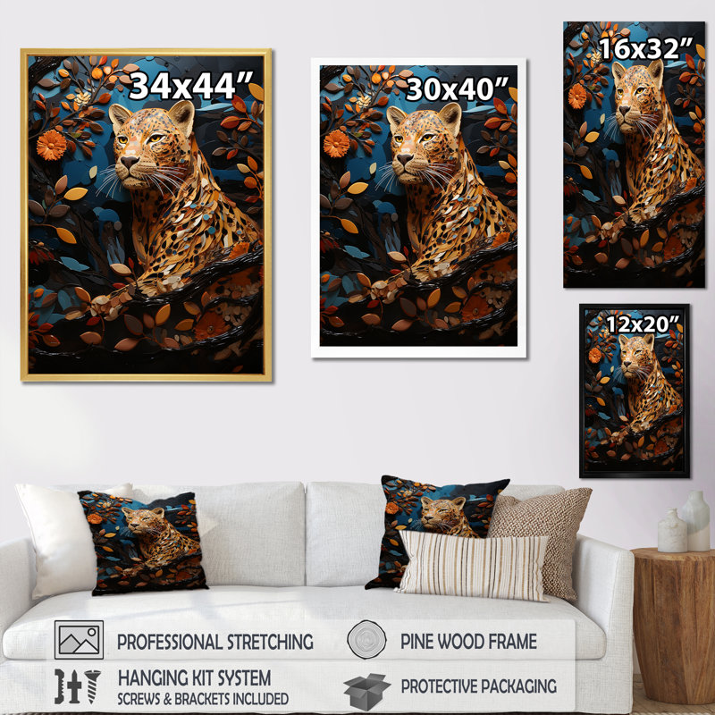 Présence symbolique de jaguar II, H 32 po x l 16 po x P 1 po, Cadre flottant doré