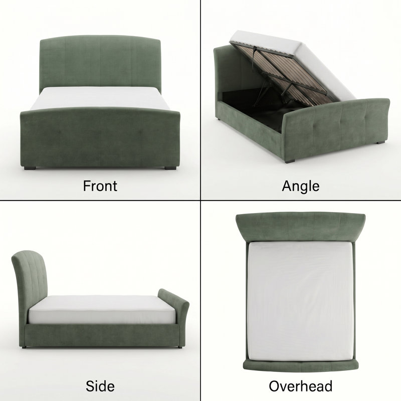 Upholstered Sleigh Bed with Side Lift up  Storage and Tufted Footboard, Turtle, Queen